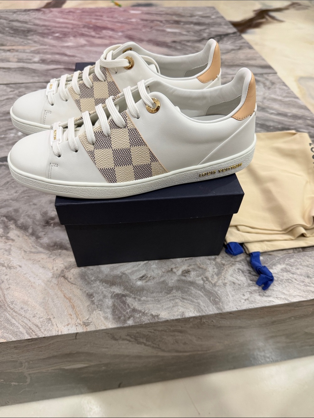 Louis Vuitton White Leather Sneakers with Beige Damier Panel and Gold Accents